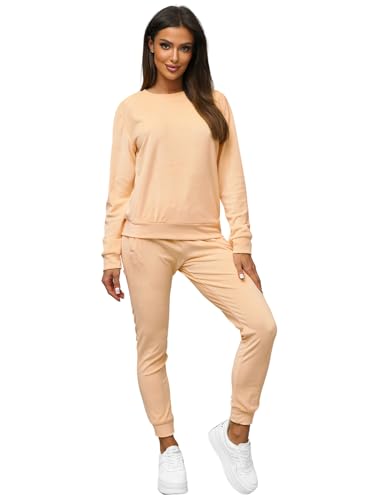 OZONEE Damen 2-Teilig Set Sweatshirt + Jogginghose Jogginganzug Trainingshose Trainingsanzug Sportanzug Freizeitanzug Sport Anzug Tracksuit Fitnessanzug Rundhals 777/9990DR/150 LACHSROT L von OZONEE