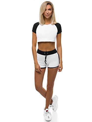 OZONEE Damen 2-Teilig Set T-Shirt + Shorts Jogginganzug Trainingsanzug Sportanzug Freizeitanzug Sport Anzug Tracksuit Crop Top Sportshorts Tshirt Sporthose Kurz Laufshorts Z/D1022 WEIẞ-SCHWARZ XL von OZONEE