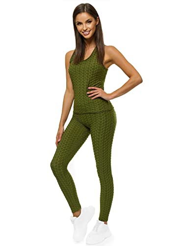 OZONEE Damen 2-Teilig Set Tank Top + Leggings Jogginganzug Trainingsanzug Sportleggings Sportanzug Freizeitanzug Sport Anzug Hausanzug Fitness Tracksuit Fitnessanzug JS/YW88037/7 Khaki L von OZONEE