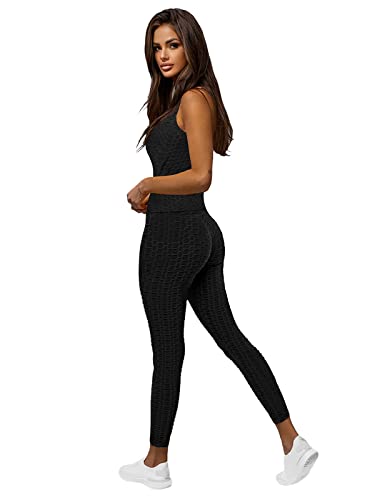 OZONEE Damen 2-Teilig Set Tank Top + Leggings Jogginganzug Trainingsanzug Sportleggings Sportanzug Freizeitanzug Sport Anzug Hausanzug Fitness Tracksuit Fitnessanzug JS/YW88037Z/1 SCHWARZ S von OZONEE