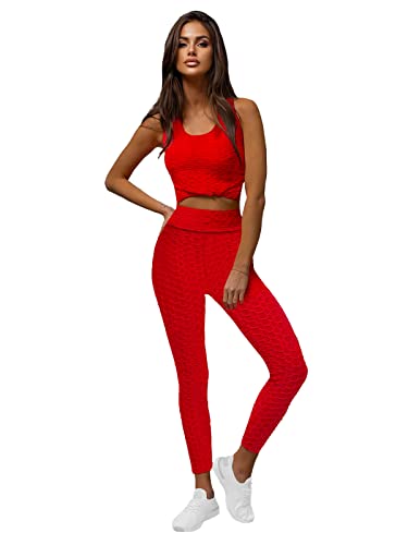 OZONEE Damen 2-Teilig Set Tank Top + Leggings Jogginganzug Trainingsanzug Sportleggings Sportanzug Freizeitanzug Sport Anzug Hausanzug Fitness Tracksuit Fitnessanzug JS/YW88037Z/5 ROT L von OZONEE