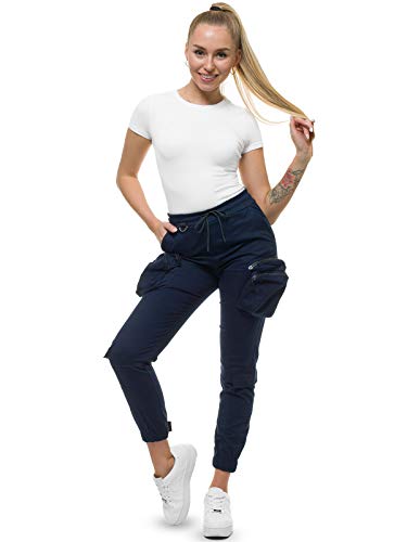 OZONEE Damen Cargohose Chino Stoff Hose Chinos Lang Stoffhose Jogger Chinohose Pants Bündchen Freizeithose Röhrenhose Sporthose High Waist Hoch Bund Gürtel O/802 DUNKELBLAU M von OZONEE