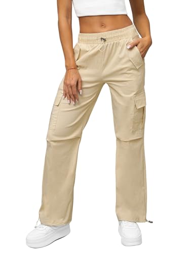 OZONEE Damen Cargohose Wide Leg Gerade Geschnitten Relaxed Weite Stoff Hose Lang Stoffhose Chinohose Pants Freizeithose Sporthose O/TT00393Z Ecru L/XL von OZONEE
