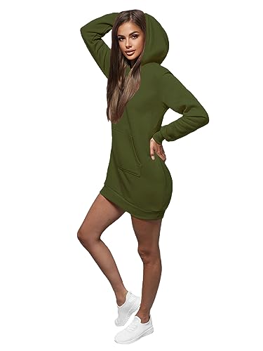 OZONEE Damen Hoodie Kapuzenpullover Lang Sweatjacke Sweatkleid Winterkleid Herbstkleid Kleid Sweatshirt Sweatshirtkleid Kapuzenjacke Kapuzenpulli Kapuze Langarm Sport 777/1440B/29 Khaki L von OZONEE