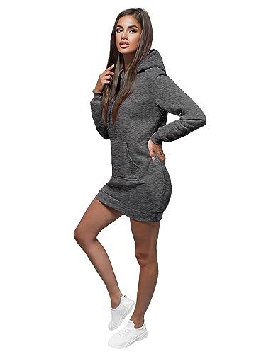 OZONEE Damen Hoodie Kapuzenpullover Lang Sweatjacke Sweatkleid Winterkleid Herbstkleid Kleid Sweatshirt Sweatshirtkleid Kapuzenjacke Kapuzenpulli Kapuze Langarm Sport 777/1440B/5 DUNKELGRAU M von OZONEE