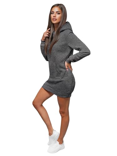 OZONEE Damen Hoodie Kapuzenpullover Lang Sweatjacke Sweatkleid Winterkleid Herbstkleid Kleid Sweatshirt Sweatshirtkleid Kapuzenjacke Kapuzenpulli Kapuze Langarm Sport 777/1440B/5 DUNKELGRAU M von OZONEE
