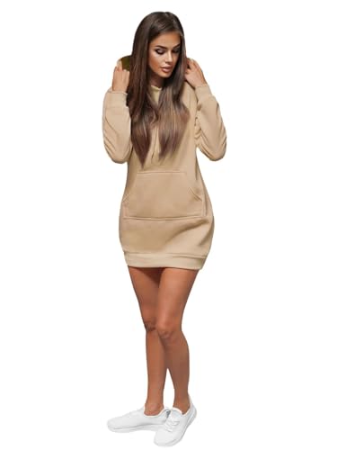 OZONEE Damen Hoodie Kapuzenpullover Lang Sweatjacke Sweatkleid Winterkleid Herbstkleid Kleid Sweatshirt Sweatshirtkleid Kapuzenjacke Kapuzenpulli Kapuze Langarm Sport 777/1440B/6 BEIGE M von OZONEE