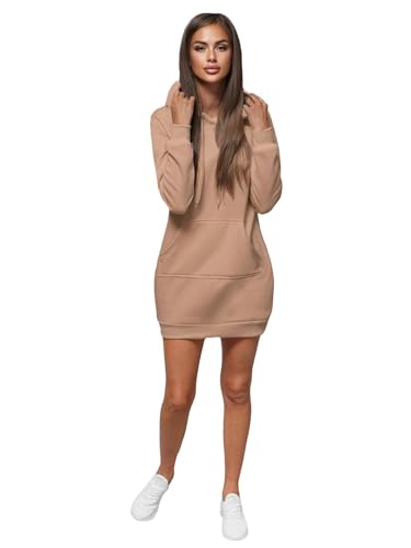 OZONEE Damen Hoodie Kapuzenpullover Lang Sweatjacke Sweatkleid Winterkleid Herbstkleid Kleid Sweatshirt Sweatshirtkleid Kapuzenjacke Kapuzenpulli Kapuze Langarm Sport 777/1440B/91 Dunkelbeige M von OZONEE