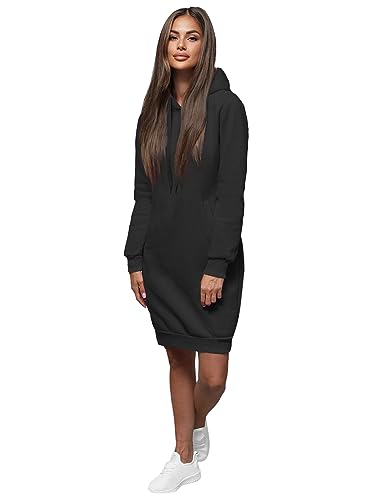 OZONEE Damen Hoodie Kapuzenpullover Lang Sweatjacke Sweatkleid Winterkleid Herbstkleid Kleid Sweatshirt Sweatshirtkleid Kapuzenjacke Kapuzenpulli Kapuze Langarm Sport 777/3127B/3 SCHWARZ L von OZONEE