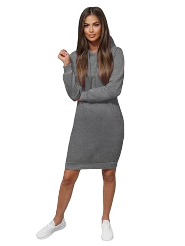 OZONEE Damen Hoodie Kapuzenpullover Lang Sweatjacke Sweatkleid Winterkleid Herbstkleid Kleid Sweatshirt Sweatshirtkleid Kapuzenjacke Kapuzenpulli Kapuze Langarm Sport 777/3127B/5 DUNKELGRAU S von OZONEE