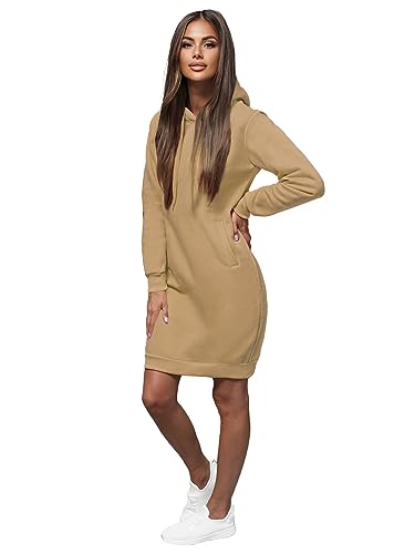 OZONEE Damen Hoodie Kapuzenpullover Lang Sweatjacke Sweatkleid Winterkleid Herbstkleid Kleid Sweatshirt Sweatshirtkleid Kapuzenjacke Kapuzenpulli Kapuze Langarm Sport 777/3127B/6 BEIGE M von OZONEE