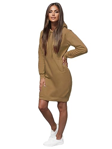 OZONEE Damen Hoodie Kapuzenpullover Lang Sweatjacke Sweatkleid Winterkleid Herbstkleid Kleid Sweatshirt Sweatshirtkleid Kapuzenjacke Kapuzenpulli Kapuze Langarm Sport 777/3127B/91 Dunkelbeige S von OZONEE