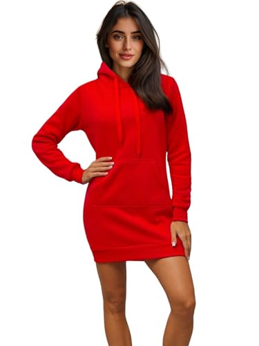 OZONEE Damen Hoodie Kapuzenpullover Lang Sweatjacke Sweatkleid Winterkleid Herbstkleid Kleid Sweatshirt Sweatshirtkleid Kapuzenjacke Kapuzenpulli Kapuze Langarm Sport 777/3334B/18 ROT S von OZONEE