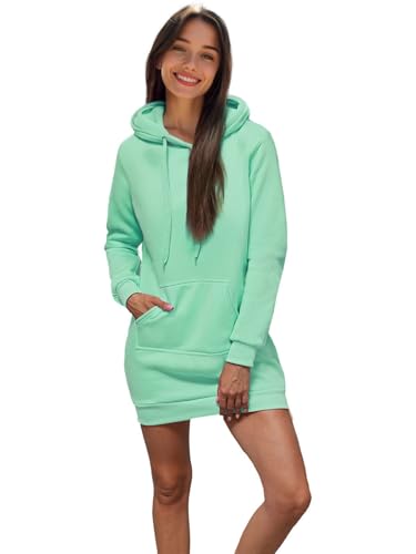 OZONEE Damen Hoodie Kapuzenpullover Lang Sweatjacke Sweatkleid Winterkleid Herbstkleid Kleid Sweatshirt Sweatshirtkleid Kapuzenjacke Kapuzenpulli Kapuze Langarm Sport 777/3334B/39 PFEFFERMINZ L von OZONEE