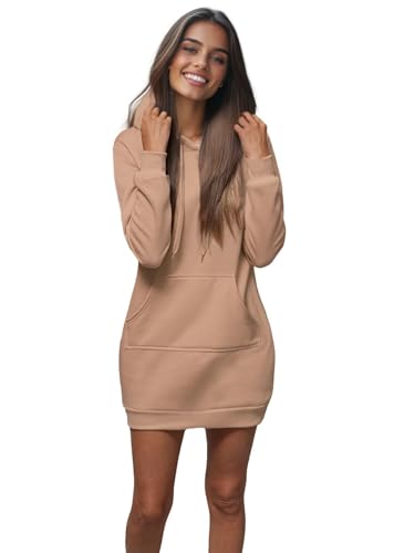 OZONEE Damen Hoodie Kapuzenpullover Lang Sweatjacke Sweatkleid Winterkleid Herbstkleid Kleid Sweatshirt Sweatshirtkleid Kapuzenjacke Kapuzenpulli Kapuze Langarm Sport 777/3334B/91 Dunkelbeige L von OZONEE