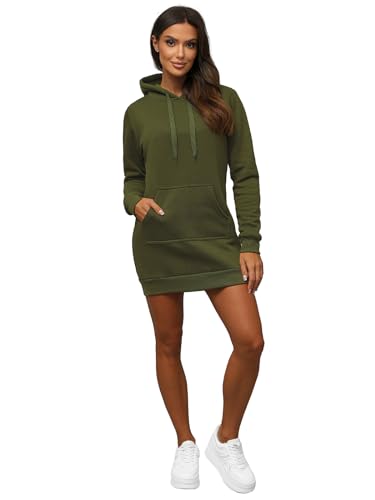 OZONEE Damen Hoodie Kapuzenpullover Lang Sweatjacke Sweatkleid Winterkleid Herbstkleid Kleid Sweatshirt Sweatshirtkleid Kapuzenjacke Kapuzenpulli Kapuze Langarm Sport 777/5118B/29 Khaki XL von OZONEE