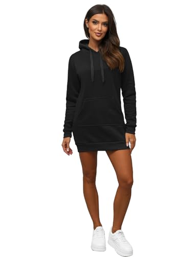 OZONEE Damen Hoodie Kapuzenpullover Lang Sweatjacke Sweatkleid Winterkleid Herbstkleid Kleid Sweatshirt Sweatshirtkleid Kapuzenjacke Kapuzenpulli Kapuze Langarm Sport 777/5118B/3 SCHWARZ L von OZONEE
