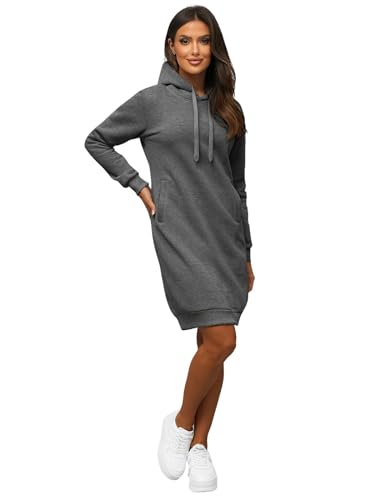 OZONEE Damen Hoodie Kapuzenpullover Lang Sweatjacke Sweatkleid Winterkleid Herbstkleid Kleid Sweatshirt Sweatshirtkleid Kapuzenjacke Kapuzenpulli Kapuze Langarm Sport 777/5398B/5 DUNKELGRAU L von OZONEE