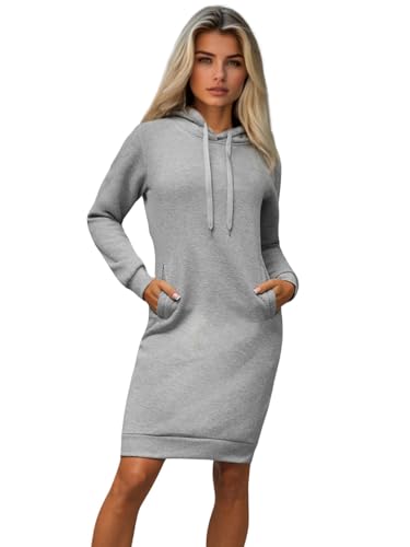 OZONEE Damen Hoodie Kapuzenpullover Lang Sweatjacke Sweatkleid Winterkleid Herbstkleid Kleid Sweatshirt Sweatshirtkleid Kapuzenjacke Kapuzenpulli Kapuze Langarm Sport 777/6181B/2 GRAU M von OZONEE