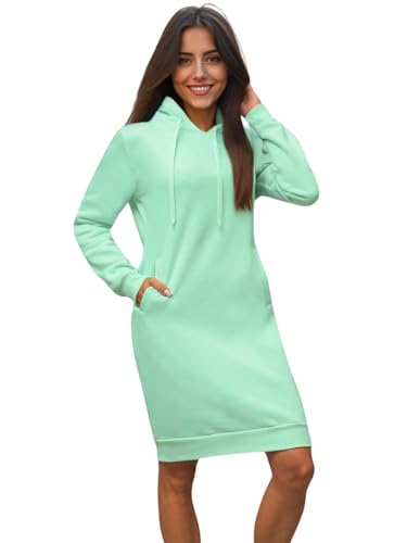 OZONEE Damen Hoodie Kapuzenpullover Lang Sweatjacke Sweatkleid Winterkleid Herbstkleid Kleid Sweatshirt Sweatshirtkleid Kapuzenjacke Kapuzenpulli Kapuze Langarm Sport 777/6181B/39 PFEFFERMINZ XL von OZONEE
