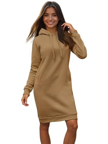OZONEE Damen Hoodie Kapuzenpullover Lang Sweatjacke Sweatkleid Winterkleid Herbstkleid Kleid Sweatshirt Sweatshirtkleid Kapuzenjacke Kapuzenpulli Kapuze Langarm Sport 777/6181B/91 Dunkelbeige M von OZONEE
