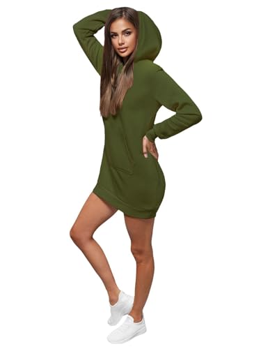 OZONEE Damen Hoodie Kapuzenpullover Lang Sweatjacke Sweatkleid Winterkleid Herbstkleid Kleid Sweatshirt Sweatshirtkleid Kapuzenjacke Kapuzenpulli Kapuze Langarm Sport 777/8375B/29 Khaki S von OZONEE