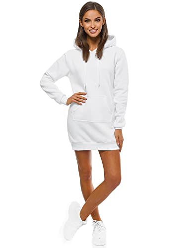 OZONEE Damen Hoodie Kapuzenpullover Lang Sweatjacke Sweatkleid Winterkleid Herbstkleid Kleid Sweatshirt Sweatshirtkleid Kapuzenjacke Kapuzenpulli Kapuze Langarm Sport JS/YS10003/1 WEIß S von OZONEE