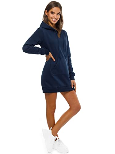 OZONEE Damen Hoodie Kapuzenpullover Lang Sweatjacke Sweatkleid Winterkleid Herbstkleid Kleid Sweatshirt Sweatshirtkleid Kapuzenjacke Kapuzenpulli Kapuze Langarm Sport JS/YS10003/25 DUNKELBLAU L von OZONEE