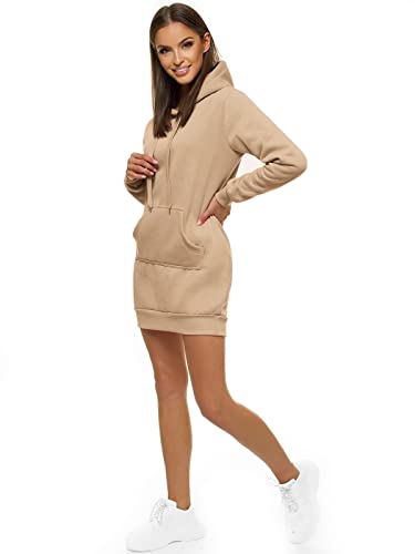 OZONEE Damen Hoodie Kapuzenpullover Lang Sweatjacke Sweatkleid Winterkleid Herbstkleid Kleid Sweatshirt Sweatshirtkleid Kapuzenjacke Kapuzenpulli Kapuze Langarm Sport JS/YS10003/6 BEIGE XL von OZONEE