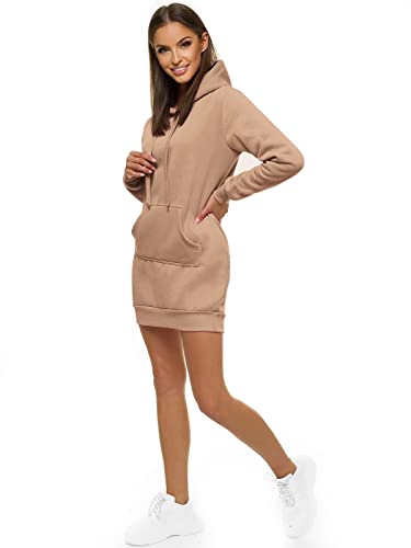 OZONEE Damen Hoodie Kapuzenpullover Lang Sweatjacke Sweatkleid Winterkleid Herbstkleid Kleid Sweatshirt Sweatshirtkleid Kapuzenjacke Kapuzenpulli Kapuze Langarm Sport JS/YS10003/91 Dunkelbeige XL von OZONEE