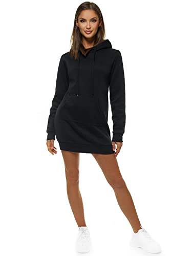 OZONEE Damen Hoodie Kapuzenpullover Lang Sweatjacke Sweatkleid Winterkleid Herbstkleid Kleid Sweatshirt Sweatshirtkleid Kapuzenjacke Kapuzenpulli Kapuze Langarm Sport JS/YS10003 SCHWARZ L von OZONEE