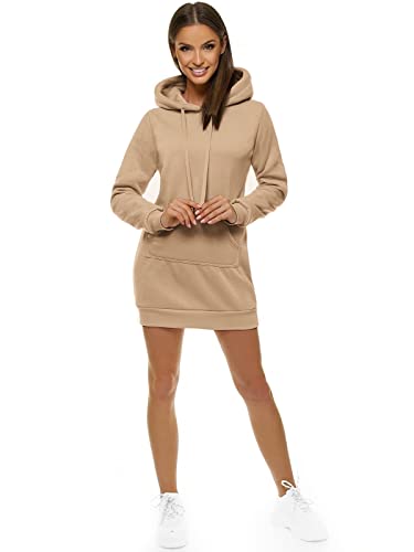 OZONEE Damen Hoodie Kapuzenpullover Lang Sweatjacke Sweatkleid Winterkleid Herbstkleid Kleid Sweatshirt Sweatshirtkleid Kapuzenjacke Kapuzenpulli Kapuze Langarm Sport JS/YS10003Z/6 BEIGE XL von OZONEE
