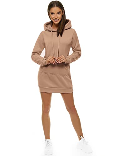 OZONEE Damen Hoodie Kapuzenpullover Lang Sweatjacke Sweatkleid Winterkleid Herbstkleid Kleid Sweatshirt Sweatshirtkleid Kapuzenjacke Kapuzenpulli Kapuze Langarm Sport JS/YS10003Z/91 Dunkelbeige M von OZONEE