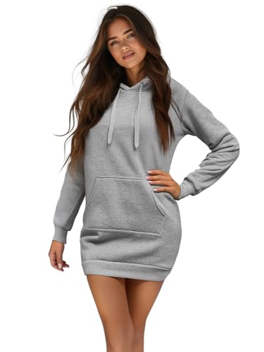OZONEE Damen Hoodie Kapuzenpullover Lang Sweatjacke Sweatkleid Winterkleid Herbstkleid Kleid Sweatshirt Sweatshirtkleid Kapuzenjacke Kapuzenpulli Kapuze Langarm Sport JS/YS10003Z GRAU M von OZONEE