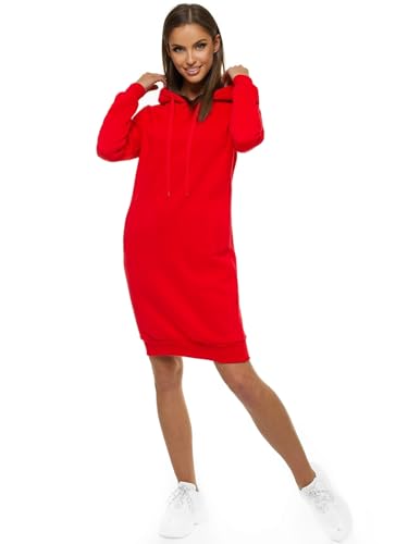 OZONEE Damen Hoodie Kapuzenpullover Lang Sweatjacke Sweatkleid Winterkleid Herbstkleid Kleid Sweatshirt Sweatshirtkleid Kapuzenjacke Kapuzenpulli Kapuze Langarm Sport JS/YS10005/18 ROT S von OZONEE