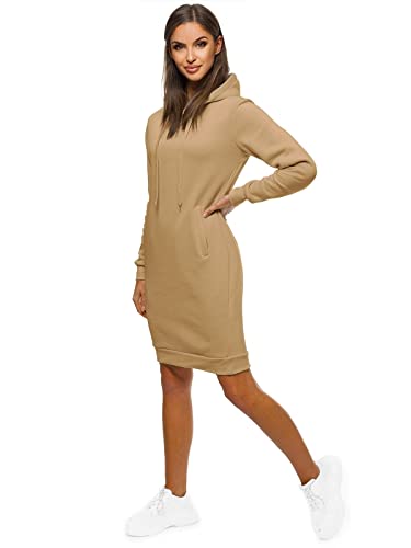 OZONEE Damen Hoodie Kapuzenpullover Lang Sweatjacke Sweatkleid Winterkleid Herbstkleid Kleid Sweatshirt Sweatshirtkleid Kapuzenjacke Kapuzenpulli Kapuze Langarm Sport JS/YS10005/6 BEIGE M von OZONEE