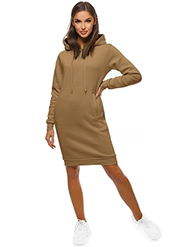 OZONEE Damen Hoodie Kapuzenpullover Lang Sweatjacke Sweatkleid Winterkleid Herbstkleid Kleid Sweatshirt Sweatshirtkleid Kapuzenjacke Kapuzenpulli Kapuze Langarm Sport JS/YS10005/91 Dunkelbeige M von OZONEE