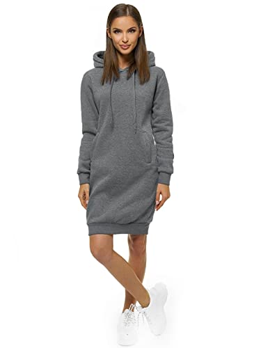 OZONEE Damen Hoodie Kapuzenpullover Lang Sweatjacke Sweatkleid Winterkleid Herbstkleid Kleid Sweatshirt Sweatshirtkleid Kapuzenjacke Kapuzenpulli Kapuze Langarm Sport JS/YS10005Z/5 DUNKELGRAU L von OZONEE