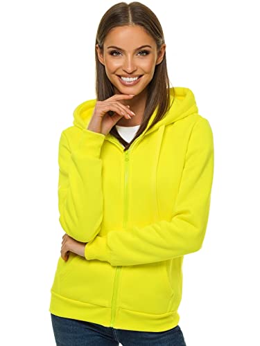 OZONEE Damen Hoodie Kapuzenpullover Sweatjacke Sweatshirt Kapuzenjacke Kapuzenpulli Kapuze Langarm Sport Style Casual Fitness Training Basic Unifarbe Einfarbig JS/W03Z GELB-NEON S von OZONEE