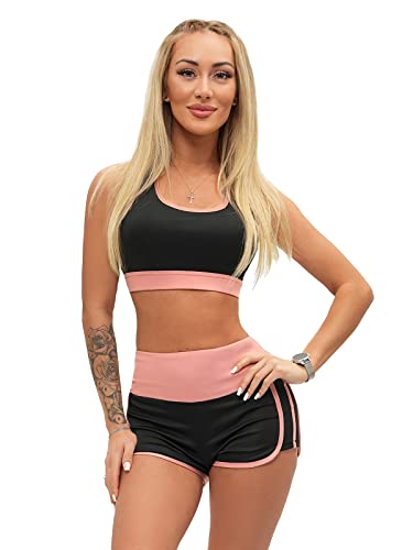 OZONEE Damen Jogginganzug 2-Teilig Set Trainingsanzug Sportanzug Freizeitanzug Sport Anzug Tracksuit BH Tank Top Shorts Bustier Sportshorts Tanktop Sporthose Kurz O/XL011/54 SCHWARZ/ROSA XL von OZONEE