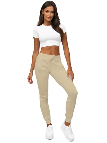 OZONEE Damen Jogginghose Hose Trainingshose Sporthose Freizeithose Motiv Damenhose Fitnesshose Sweathose Sweatpants Joggpants Fußballhose 777/3774S/159 Hellbeige L von OZONEE