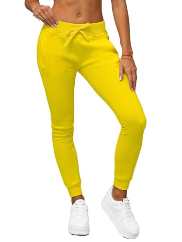 OZONEE Damen Jogginghose Hose Trainingshose Sporthose Freizeithose Motiv Damenhose Fitnesshose Sweathose Sweatpants Joggpants Fußballhose 777/3774S GELB L von OZONEE