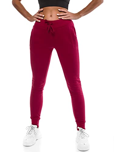 OZONEE Damen Jogginghose Hose Trainingshose Sporthose Freizeithose Motiv Damenhose Fitnesshose Sweathose Sweatpants Joggpants Fußballhose 777/7003S WEINROT XL von OZONEE