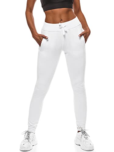 OZONEE Damen Jogginghose Hose Trainingshose Sporthose Freizeithose Motiv Damenhose Fitnesshose Sweathose Sweatpants Joggpants Fußballhose 777/7003S WEIß M von OZONEE