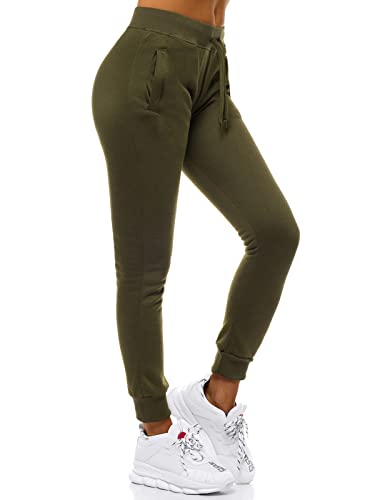 OZONEE Damen Jogginghose Hose Trainingshose Sporthose Freizeithose Motiv Damenhose Fitnesshose Sweathose Sweatpants Joggpants Fußballhose JS/CK01 Khaki L von OZONEE