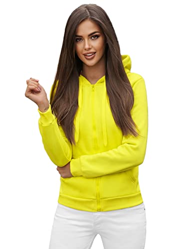 OZONEE Damen Kapuzenpullover Sweatjacke Sweatshirt Farbvarianten Kapuzenjacke Kapuzenpulli Langarm Kapuze Hoodie Sport Style Casual Fitness Basic Training 777/1618B GELB-NEON S von OZONEE