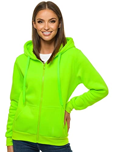 OZONEE Damen Kapuzenpullover Sweatjacke Sweatshirt Farbvarianten Kapuzenjacke Kapuzenpulli Langarm Kapuze Hoodie Sport Style Casual Fitness Basic Training 777/2106B GRÜN-NEON L von OZONEE