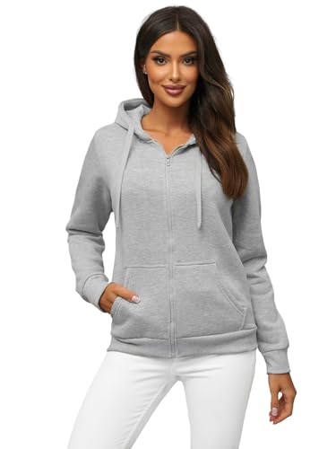 OZONEE Damen Kapuzenpullover Sweatjacke Sweatshirt Farbvarianten Kapuzenjacke Kapuzenpulli Langarm Kapuze Hoodie Sport Style Casual Fitness Basic Training 777/7376B GRAU M von OZONEE