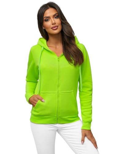OZONEE Damen Kapuzenpullover Sweatjacke Sweatshirt Farbvarianten Kapuzenjacke Kapuzenpulli Langarm Kapuze Hoodie Sport Style Casual Fitness Basic Training 777/7376B GRÜN-NEON L von OZONEE