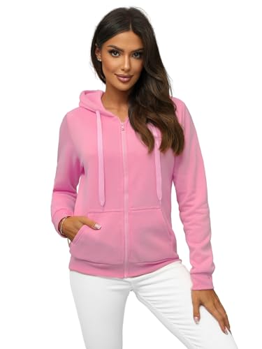 OZONEE Damen Kapuzenpullover Sweatjacke Sweatshirt Farbvarianten Kapuzenjacke Kapuzenpulli Langarm Kapuze Hoodie Sport Style Casual Fitness Basic Training 777/7376B Hellrosa S von OZONEE